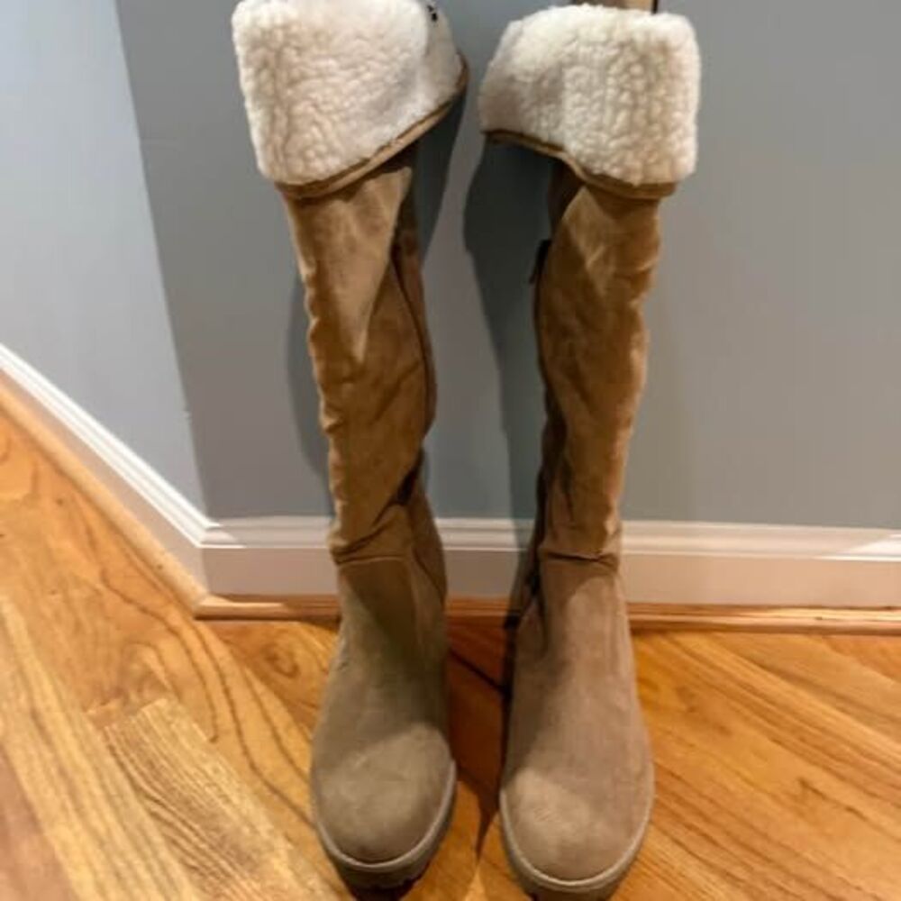Tan Suede Wedge Tall Boots with Faux-Shearling Trim 10M